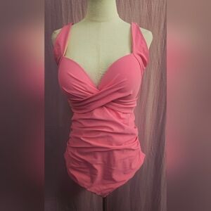 Eomenie Tummy Control Front Twist Ruched One Piece Swimsuit- Pink, XL